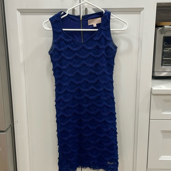 Royal Blue XS V-neck Dress with Fringy layers. So pretty but doesn’t fit anymore - Picture 3 of 5